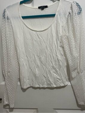 Ambiance White Scoop Neck Top with Sheer Dot Sleeves